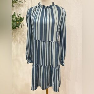 Striped dusty blue teal 2 tone striped long sleeve Dress